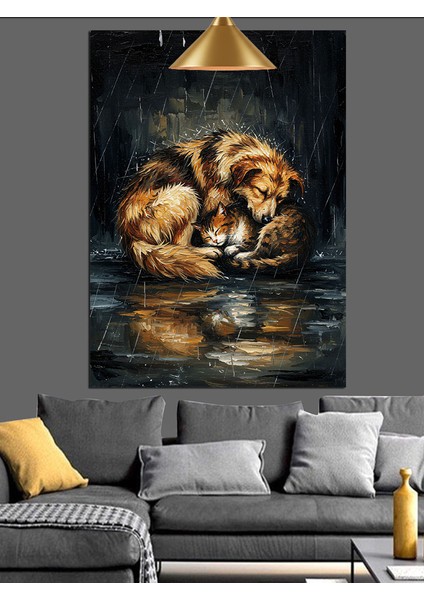 Yağmurda Yatan Köpek ve Kedi Dekoratif Kanvas - Mdf Ahşap Tablo fırsatları