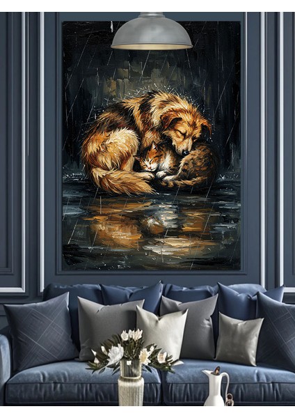 Yağmurda Yatan Köpek ve Kedi Dekoratif Kanvas - Mdf Ahşap Tablo indirimleri