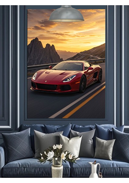 Kırmızı Spor Araba Dekoratif Kanvas - Mdf Ahşap Tablo fiyatları