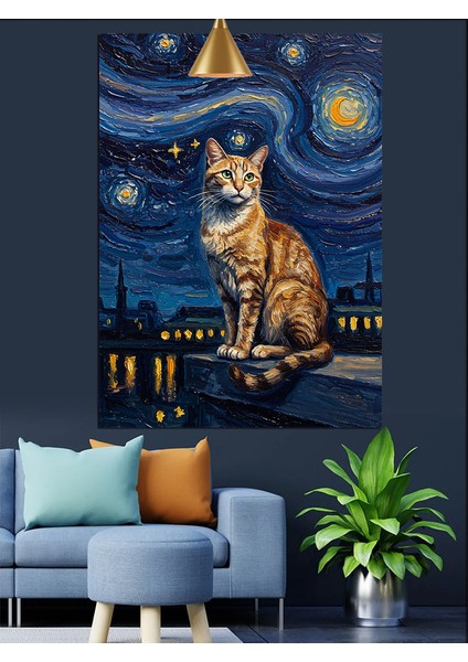 Yıldızlı Gece Kedi Dekoratif Kanvas - Mdf Ahşap Tablo
