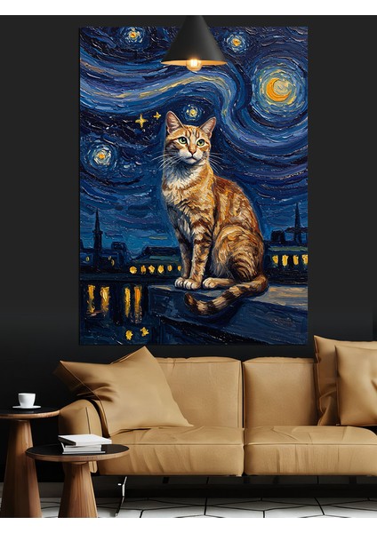 Yıldızlı Gece Kedi Dekoratif Kanvas - Mdf Ahşap Tablo fiyatları