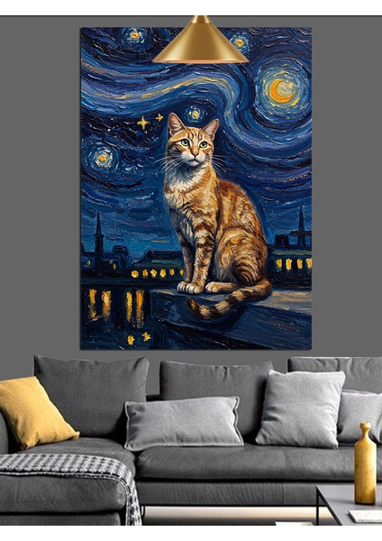 Yıldızlı Gece Kedi Dekoratif Kanvas - Mdf Ahşap Tablo modelleri