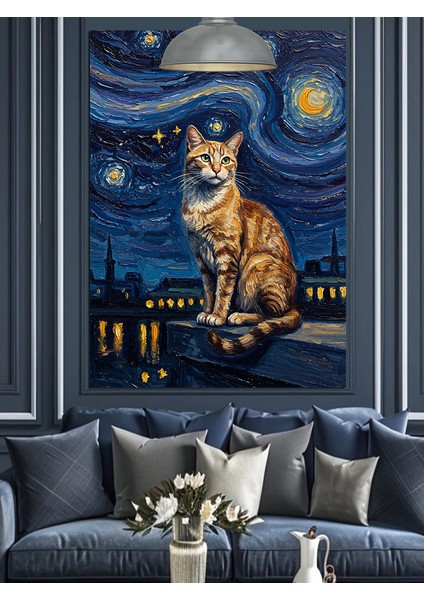 Yıldızlı Gece Kedi Dekoratif Kanvas - Mdf Ahşap Tablo fırsatları