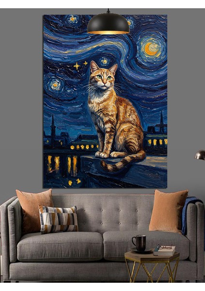 Yıldızlı Gece Kedi Dekoratif Kanvas - Mdf Ahşap Tablo indirimleri