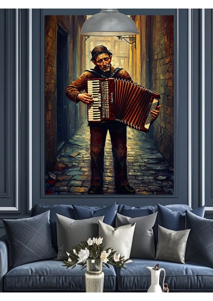 Sokakta Akordeon Çalan Adam Dekoratif Kanvas - Mdf Ahşap Tablo