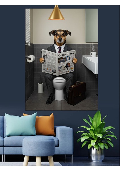 Tuvalette Gazete Okuyan Köpek Dekoratif Kanvas - Mdf Ahşap Tablo fiyatları