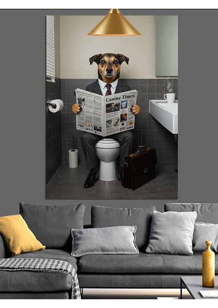 Tuvalette Gazete Okuyan Köpek Dekoratif Kanvas - Mdf Ahşap Tablo fırsatları