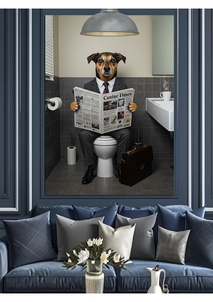 Tuvalette Gazete Okuyan Köpek Dekoratif Kanvas - Mdf Ahşap Tablo indirimleri