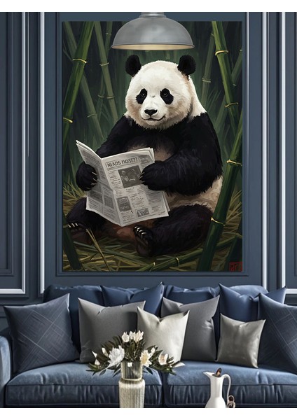 Gazete Okuyan Panda Dekoratif Kanvas - Mdf Ahşap Tablo