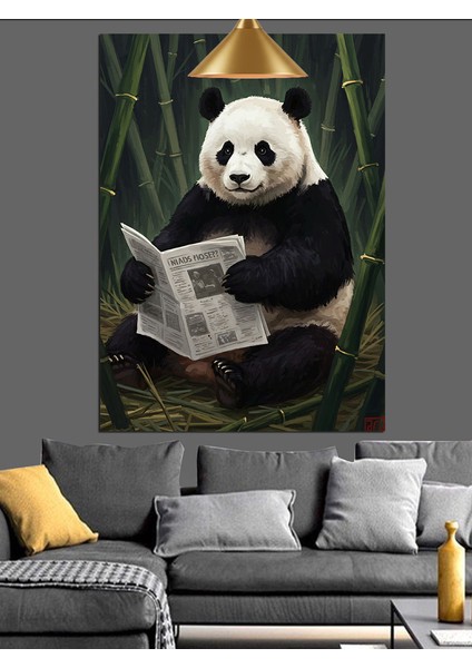 Gazete Okuyan Panda Dekoratif Kanvas - Mdf Ahşap Tablo indirimleri