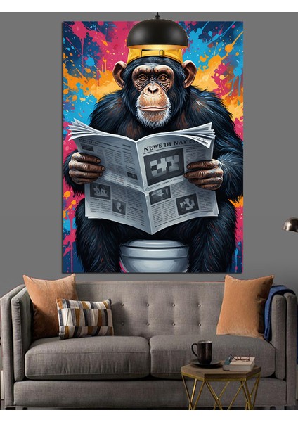 Tuvalette Gazete Okuyan Maymun Dekoratif Kanvas - Mdf Ahşap Tablo