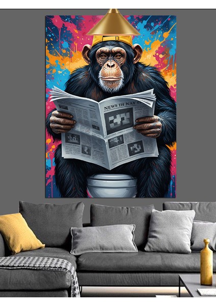 Tuvalette Gazete Okuyan Maymun Dekoratif Kanvas - Mdf Ahşap Tablo fırsatları
