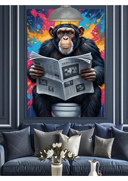 Tuvalette Gazete Okuyan Maymun Dekoratif Kanvas - Mdf Ahşap Tablo indirimleri