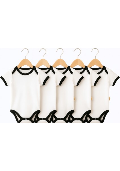 5 Li Set Organik %100 Pamuk Siyah Biyeli 0-3 Ay / 3 Yaş Arası Kız Erkek Unisex Çıtçıtlı Body Zıbın