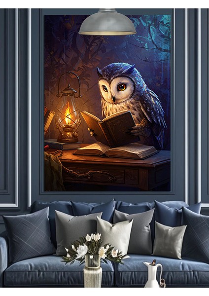 Kitap Okuyan Baykuş Dekoratif Kanvas - Mdf Ahşap Tablo