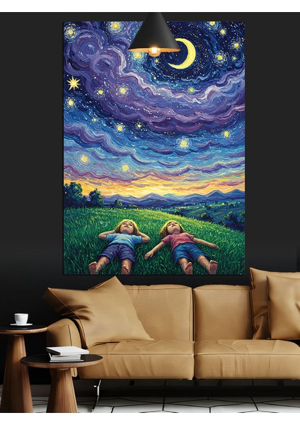 Yıldızlı Gökyüzü Çocuk Dekoratif Kanvas - Mdf Ahşap Tablo