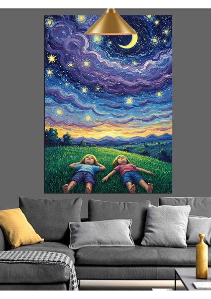 Yıldızlı Gökyüzü Çocuk Dekoratif Kanvas - Mdf Ahşap Tablo fiyatları
