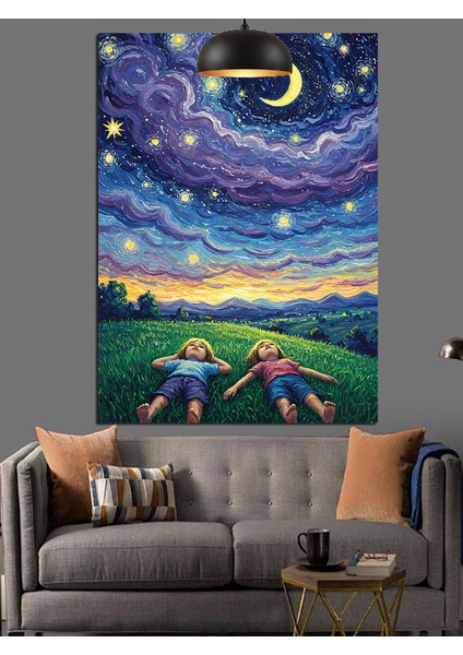 Yıldızlı Gökyüzü Çocuk Dekoratif Kanvas - Mdf Ahşap Tablo fırsatları