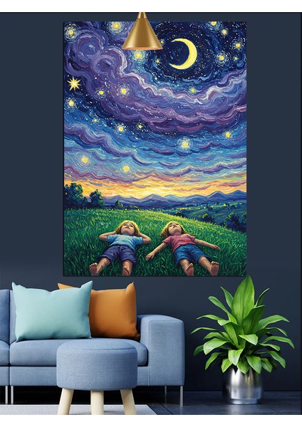 Yıldızlı Gökyüzü Çocuk Dekoratif Kanvas - Mdf Ahşap Tablo indirimleri