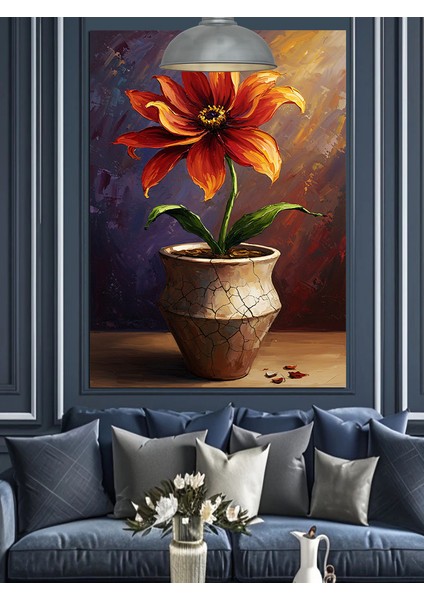 Saksıda Kırmızı Çiçek Dekoratif Kanvas - Mdf Ahşap Tablo