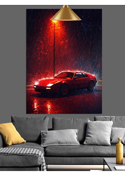 Yağmurda Kırmızı Araba Dekoratif Kanvas - Mdf Ahşap Tablo