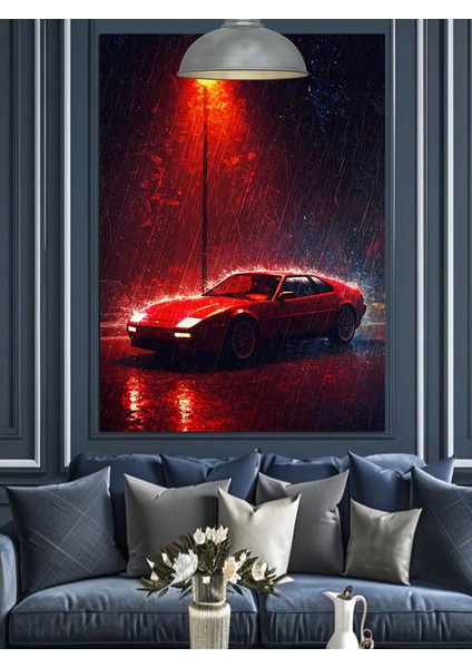 Yağmurda Kırmızı Araba Dekoratif Kanvas - Mdf Ahşap Tablo fiyatları