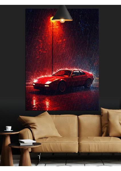 Yağmurda Kırmızı Araba Dekoratif Kanvas - Mdf Ahşap Tablo indirimleri