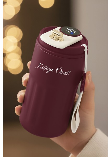 Kişiye Özel Dijital Isı Göstergeli Paslanmaz 304 Bordo Çelik Bardak Termos Mug Kupa 400ML