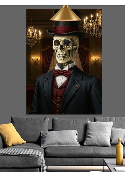Şapkalı Iskelet Portre Dekoratif Kanvas - Mdf Ahşap Tablo