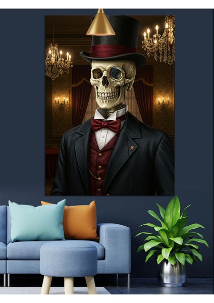 Şapkalı Iskelet Portre Dekoratif Kanvas - Mdf Ahşap Tablo fırsatları