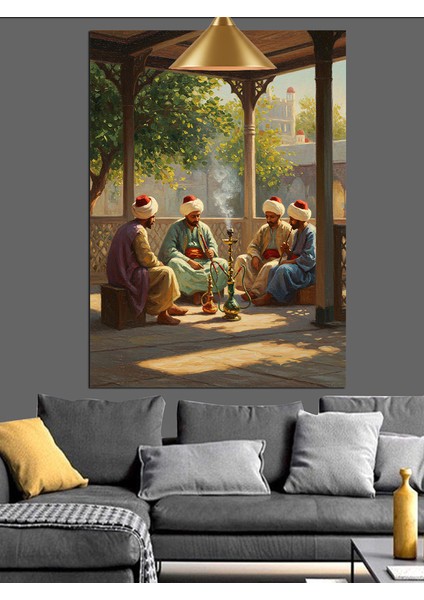Osmanlı Bahçe Sohbet ve Nargile Dekoratif Kanvas - Mdf Ahşap Tablo