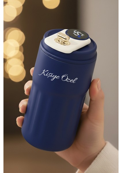 Kişiye Özel Dijital Isı Göstergeli Paslanmaz 304 Lacivert Çelik Bardak Termos Mug Kupa 400ML