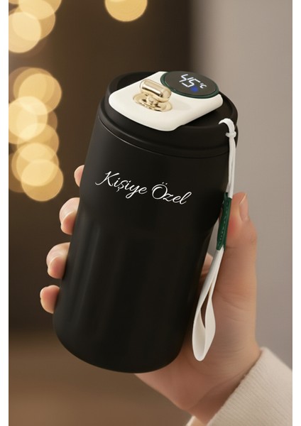 Kişiye Özel Dijital Isı Göstergeli Paslanmaz 304 Siyah Çelik Bardak Termos Mug Kupa 400ML