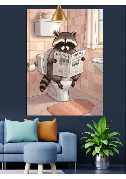Gazeteli Rakun Tuvalet Dekoratif Kanvas - Mdf Ahşap Tablo