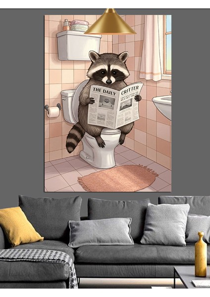 Gazeteli Rakun Tuvalet Dekoratif Kanvas - Mdf Ahşap Tablo modelleri