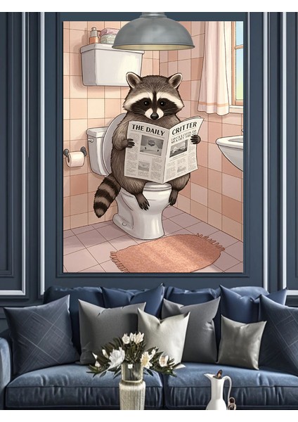 Gazeteli Rakun Tuvalet Dekoratif Kanvas - Mdf Ahşap Tablo fırsatları