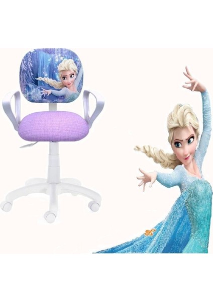 Çocuk Odası Ders Çalışma Ofis Koltuğu Öğrenci Sandalyesi Frozen Desenli Lila Beyaz Tekerlekli