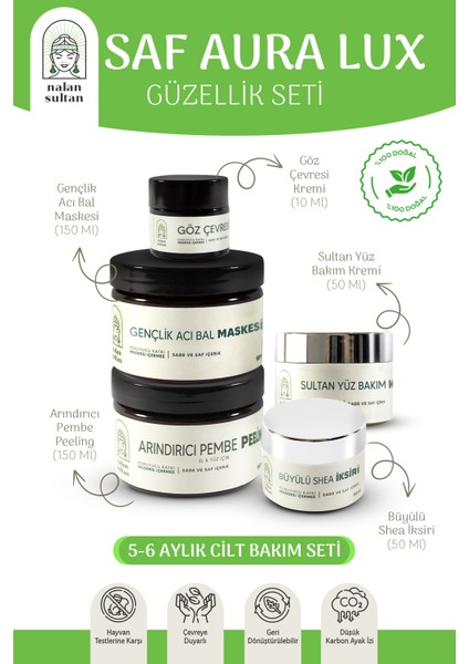 | Saf Aura Lux Güzellik Seti |Acı Bal Maskesi, Orijinal Shea Kremi, Nemlendirici Peeling %100 Bitkisel, Doğanın Saf Işıltısıyla Yenilen (6 Aylık Cilt Bakım Seti)