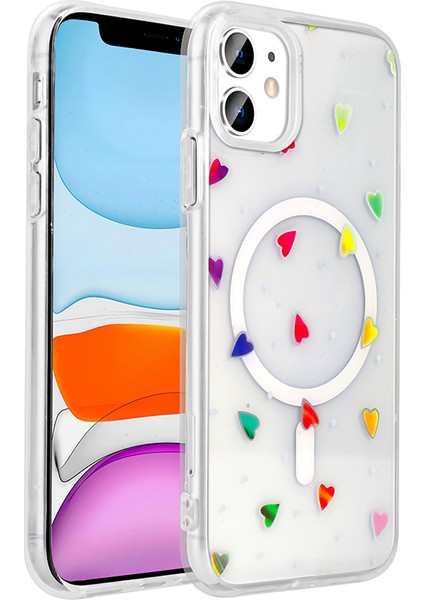 iPhone 11 Kılıf M-Safe Şarj Özellikli Şeffaf Zore Folk Sert Kapak - Kalp