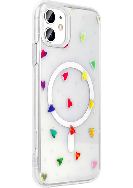 iPhone 11 Kılıf M-Safe Şarj Özellikli Şeffaf Zore Folk Sert Kapak - Kalp