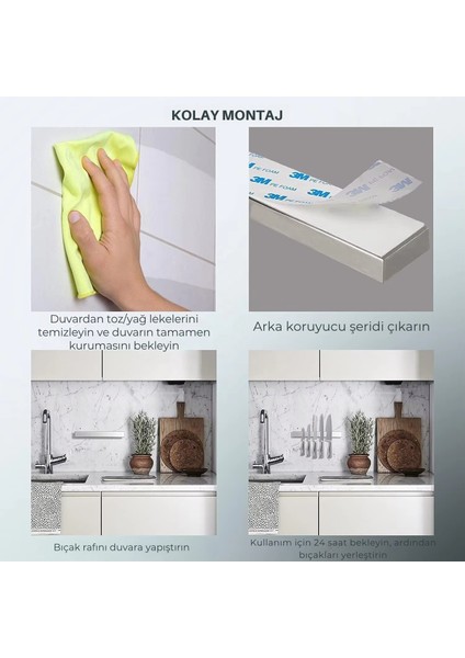 Manyetik Bıçak Tutucu Paslanmaz Çelik Delme Yok 3m Bantlı Neodyum Mıknatıslı Mutfak Bıçak Rafı Organizer