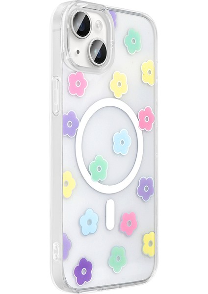 iPhone 15 Plus Kılıf M-Safe Şarj Özellikli Şeffaf Zore Folk Sert Kapak - Çilek modelleri