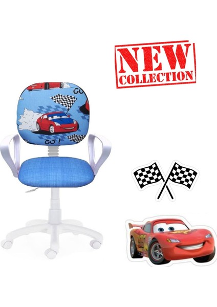 Çocuk Odası Ders Çalışma Ofis Koltuğu Öğrenci Sandalyesi Araba Desen Beyaz Tekerli Yükseklik Ayarı