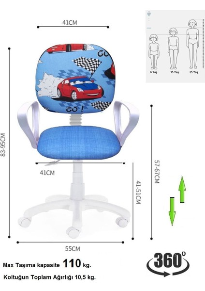 Çocuk Odası Ders Çalışma Ofis Koltuğu Öğrenci Sandalyesi Araba Desen Beyaz Tekerli Yükseklik Ayarı indirimleri
