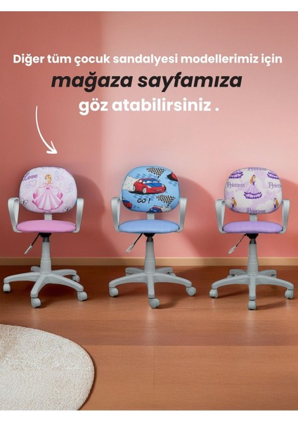 Çocuk Odası Ders Çalışma Ofis Koltuğu Öğrenci Sandalyesi Araba Desen Beyaz Tekerli Yükseklik Ayarı