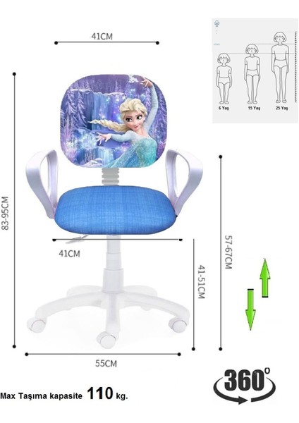 Çocuk Odası Ders Çalışma Ofis Koltuğu Öğrenci Sandalyesi Frozen Desen Beyaz Tekerlekli Yüksek Ayarlı fiyatları