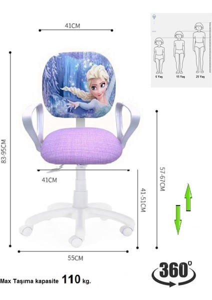 Çocuk Odası Ders Çalışma Ofis Koltuğu Öğrenci Sandalyesi Frozen Desen Beyaz Tekerlekli Yüksek Ayarlı fiyatları