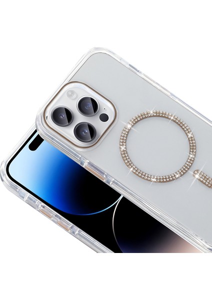 iPhone 14 Pro Max Kılıf Taşlı Tasarım M-Safe Şarj Özellikli Zore Koment Silikon Kapak - Gold