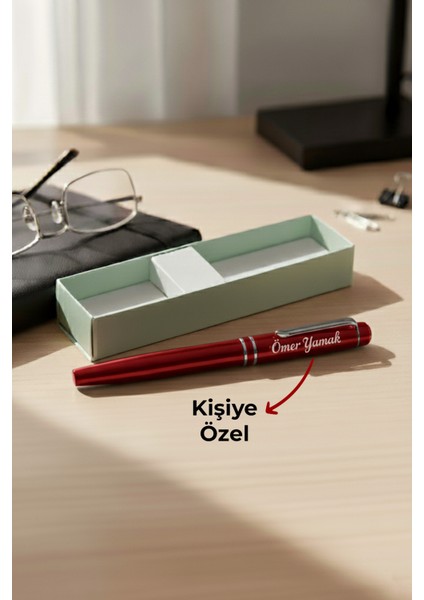 Kişiye Özel Isim Baskılı Kırmızı Gümüş Halkalı Tükenmez Kalem Prestij Lüx Kutulu Imza Kalemi
