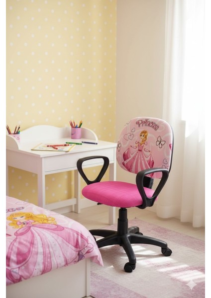 Çocuk Odası Ders Çalışma Ofis Koltuğu Öğrenci Sandalyesi Frozen Desenli Lila Beyaz Tekerlekli